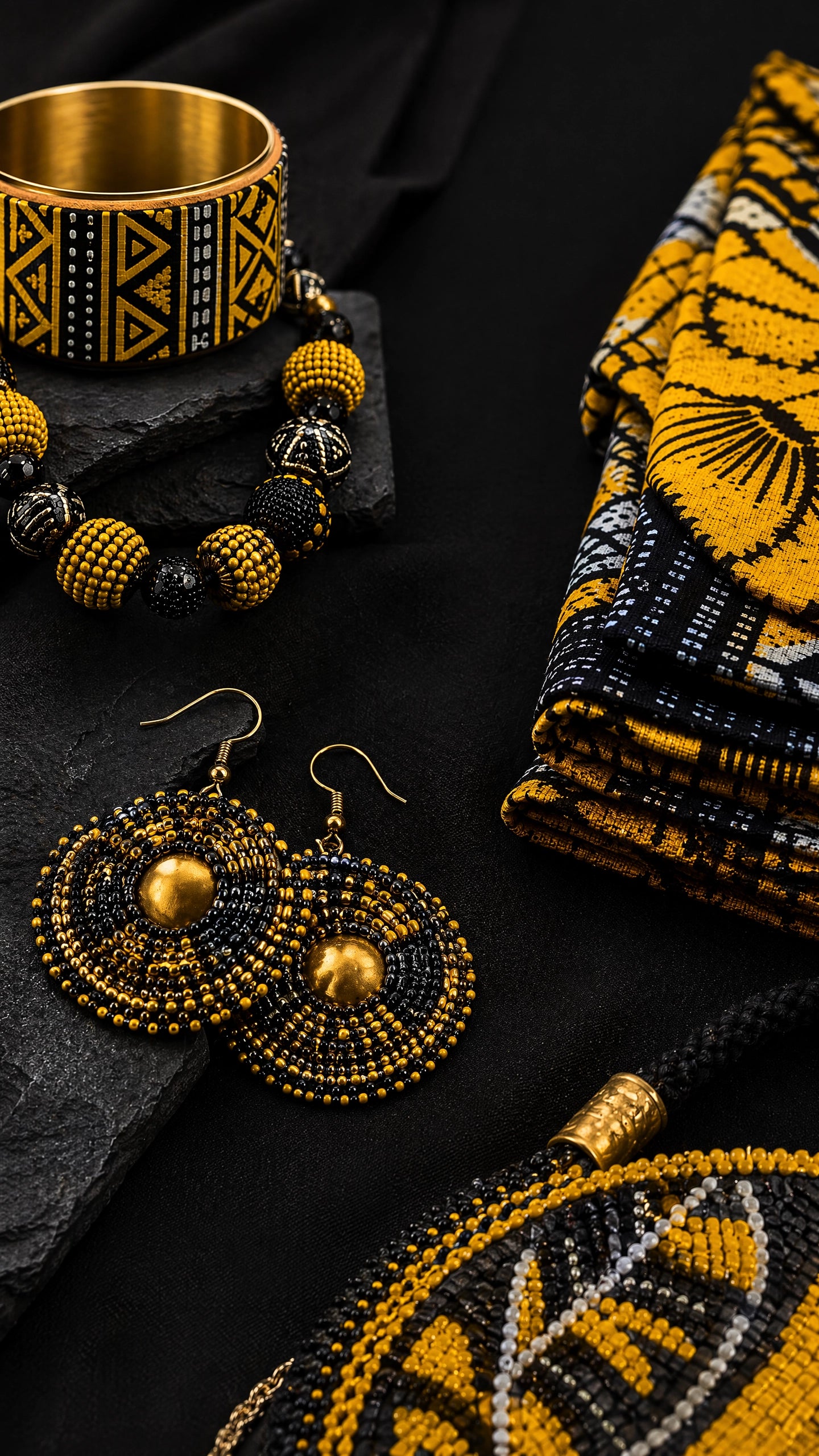 Accessoires et tissus africains noir et or